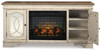 Chipped white TV stand with open storage shelf and electric fireplace insert