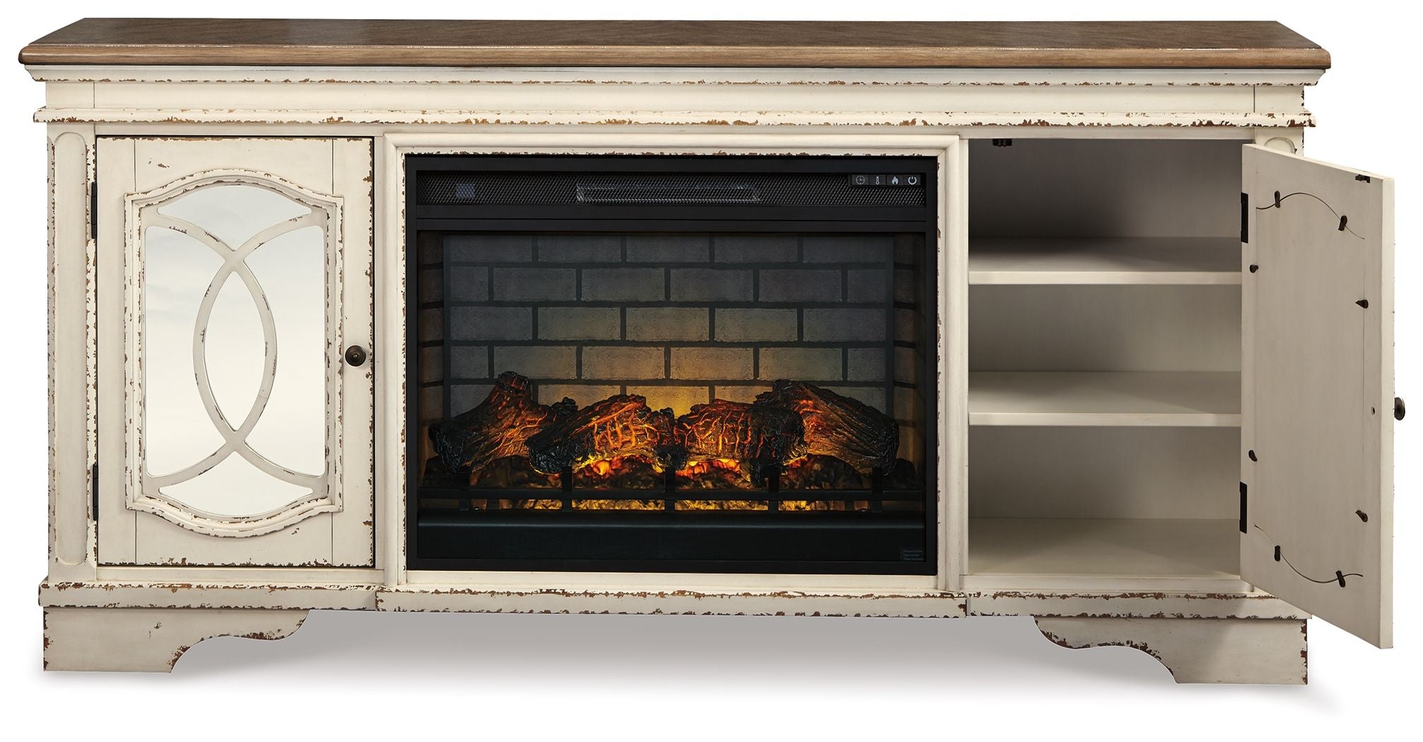 Chipped white TV stand with open storage shelf and electric fireplace insert