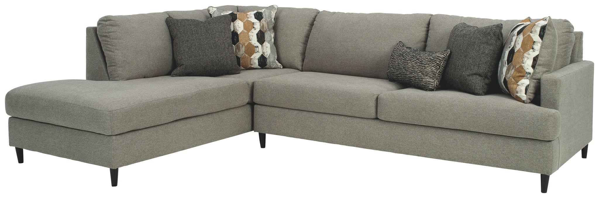 Granite gray fabric sectional sofa with chaise and plush seat cushions, decorative pillows