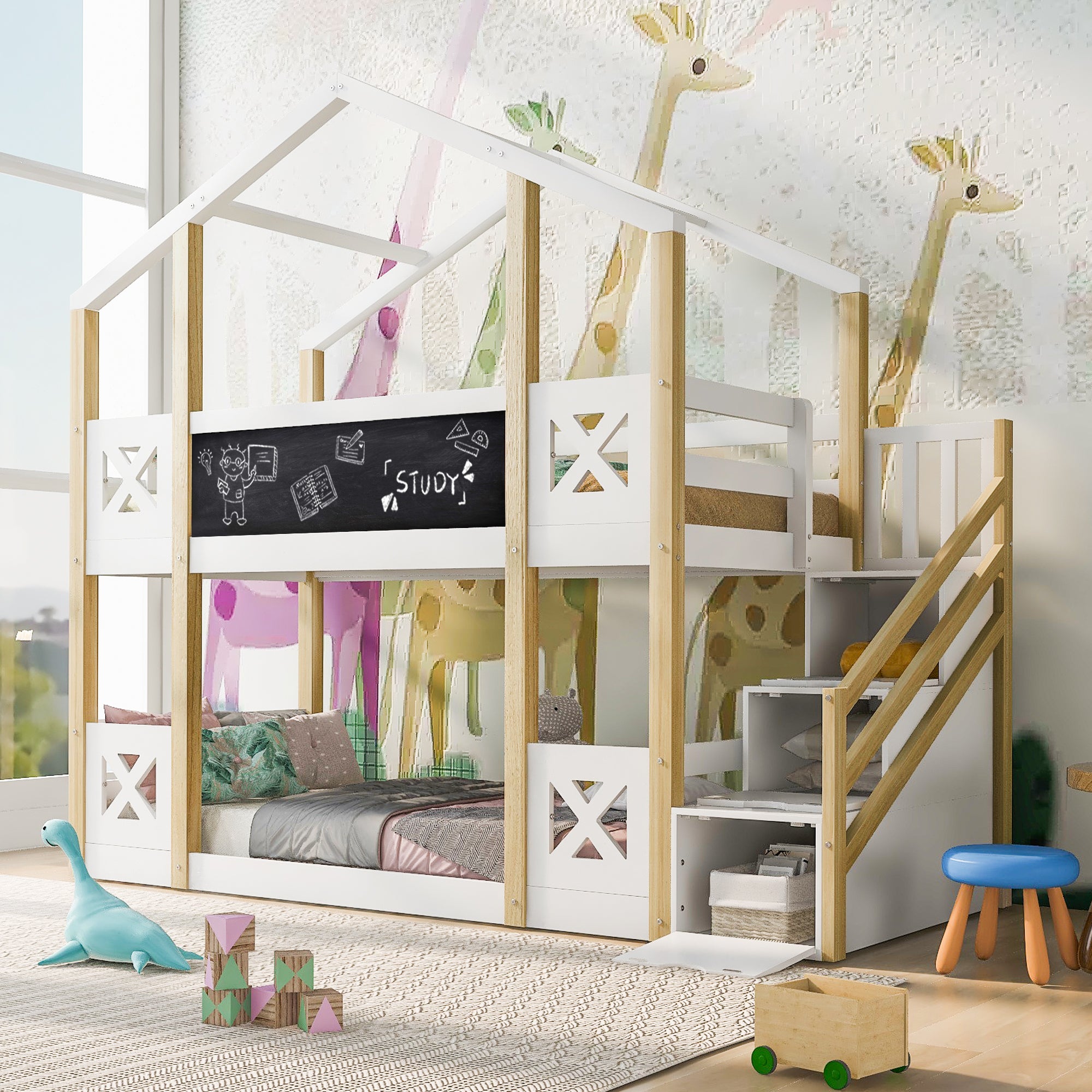 Twin Over Twin White House Bunk Bed | Storage Stairs & Blackboards