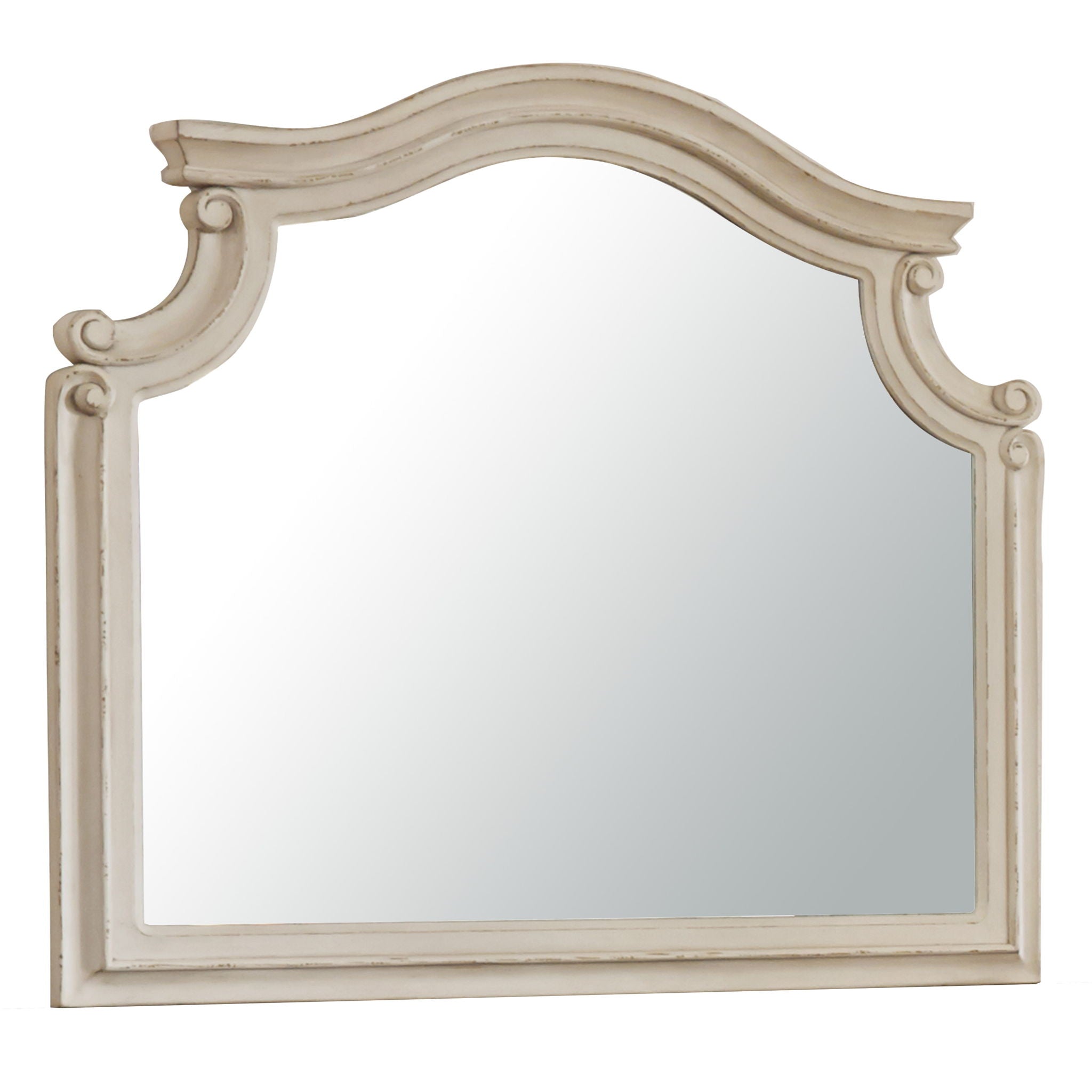 White arched wall mirror with ornate frame and reflective glass