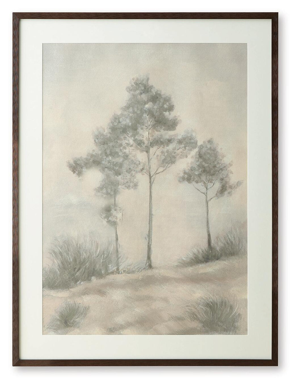 Brown wood-framed landscape wall art with misty trees and sandy path