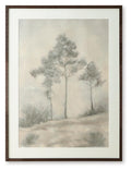 Brown wood-framed landscape wall art with misty trees and sandy path