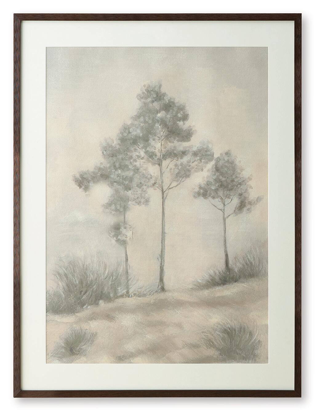 Brown wood-framed landscape wall art with misty trees and sandy path