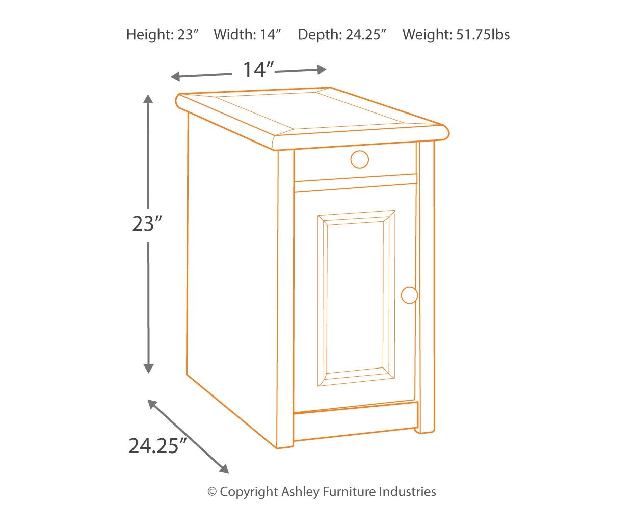 End table size diagram: height 23in, width 14in, depth 24.25in