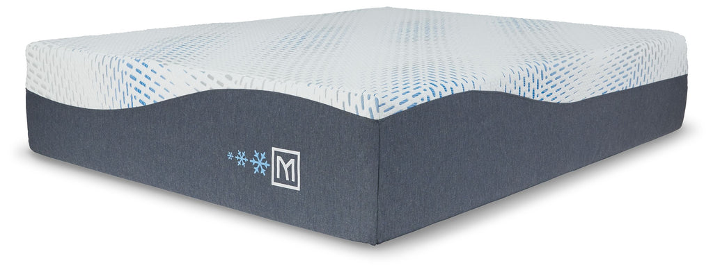 Gel memory foam mattress with white textured top and dark blue cover