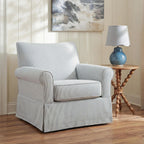 Light gray upholstered swivel glider accent chair with wide arms and soft seat cushion.