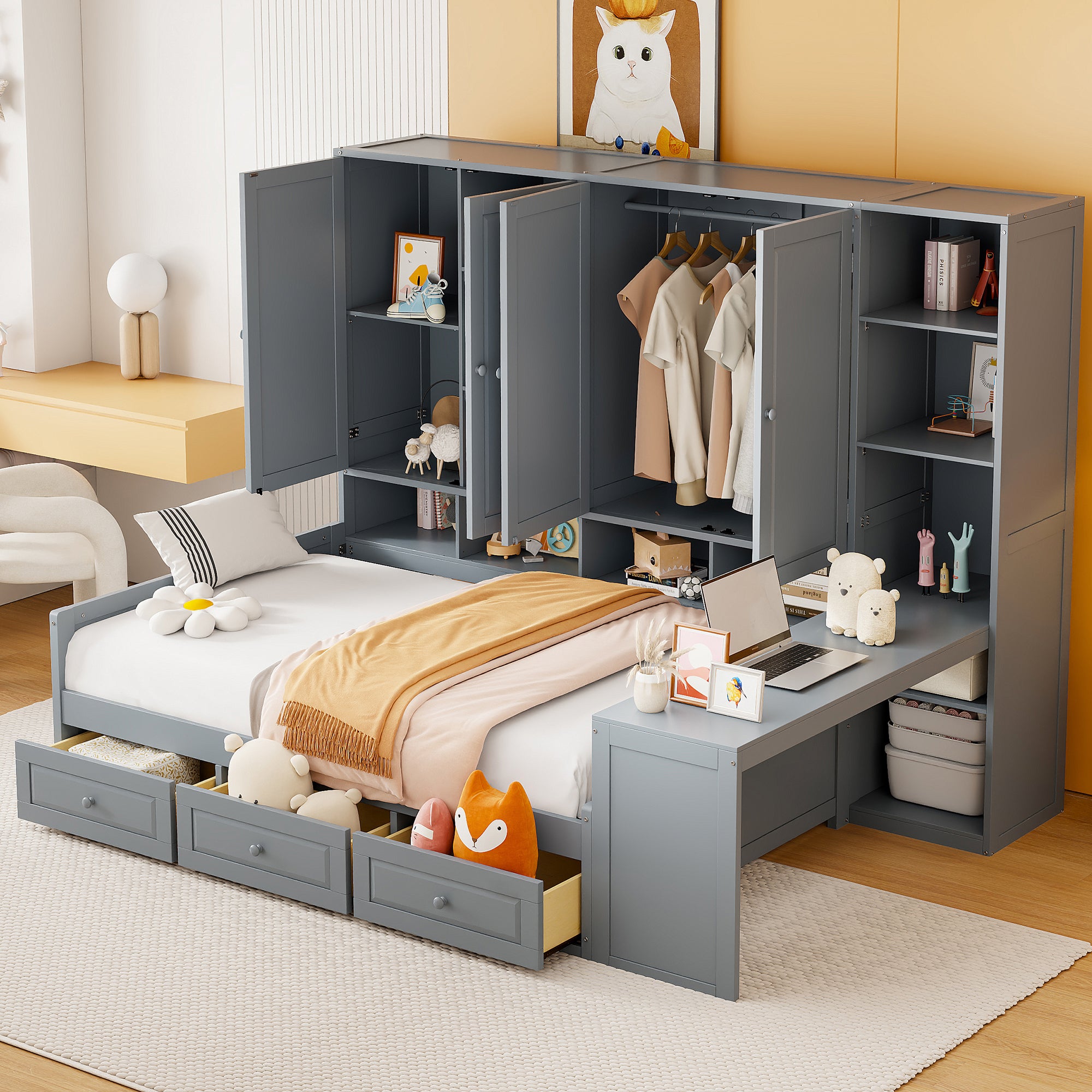 Gray Full Size Wood Daybed: 3 Drawers, Cabinet, Desk & Shelves