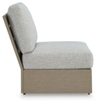 Armless chair with cushion, light gray back and seat with brown base