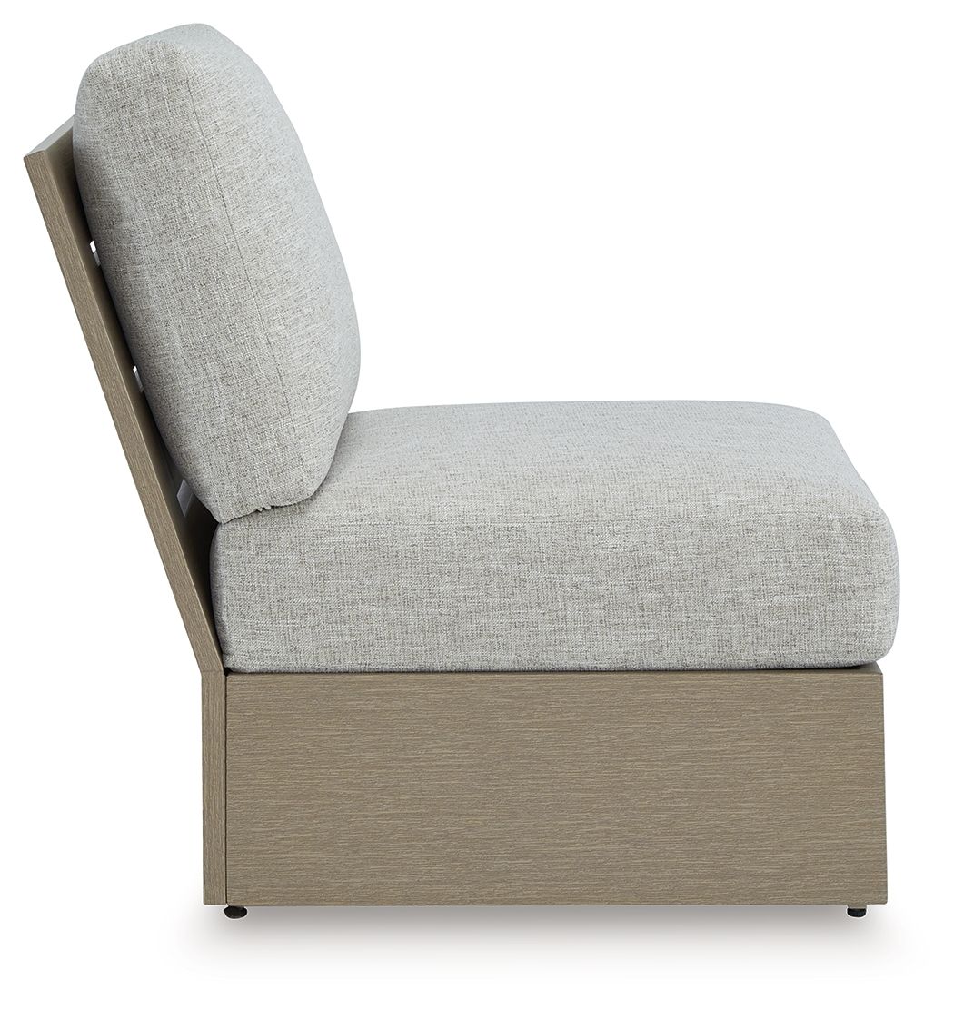 Armless chair with cushion, light gray back and seat with brown base
