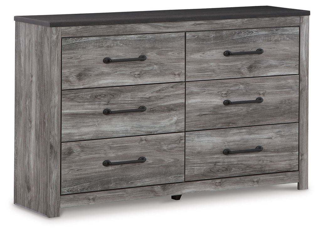 Dark gray dresser with six drawers and metal bar pulls