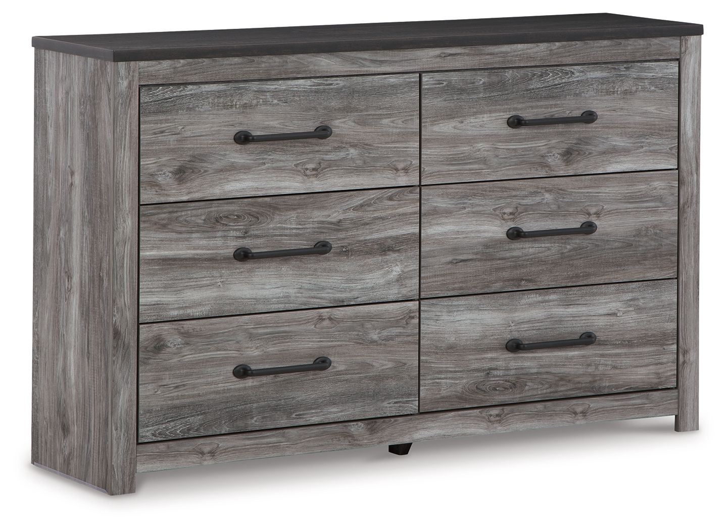 Dark gray dresser with six drawers and metal bar pulls