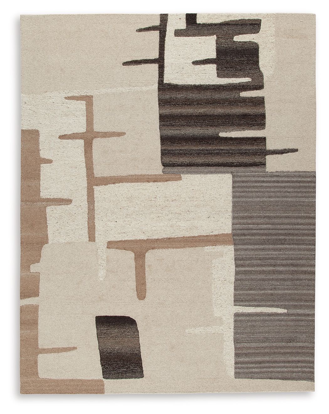 Abstract area rug with cream ground and dark brown/gray stacked block pattern