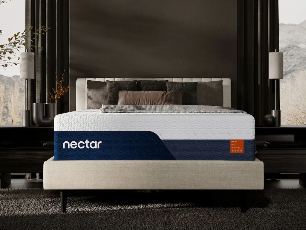 Nectar white fabric mattress with dark side panel and orange logo label