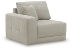 Gray corner chair with tufted back cushions and wide track arms, upholstered fabric