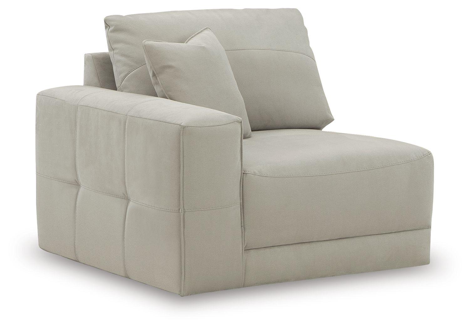 Gray corner chair with tufted back cushions and wide track arms, upholstered fabric