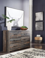 Wood finish dresser with arched mirror and 6 drawers, black bar handles