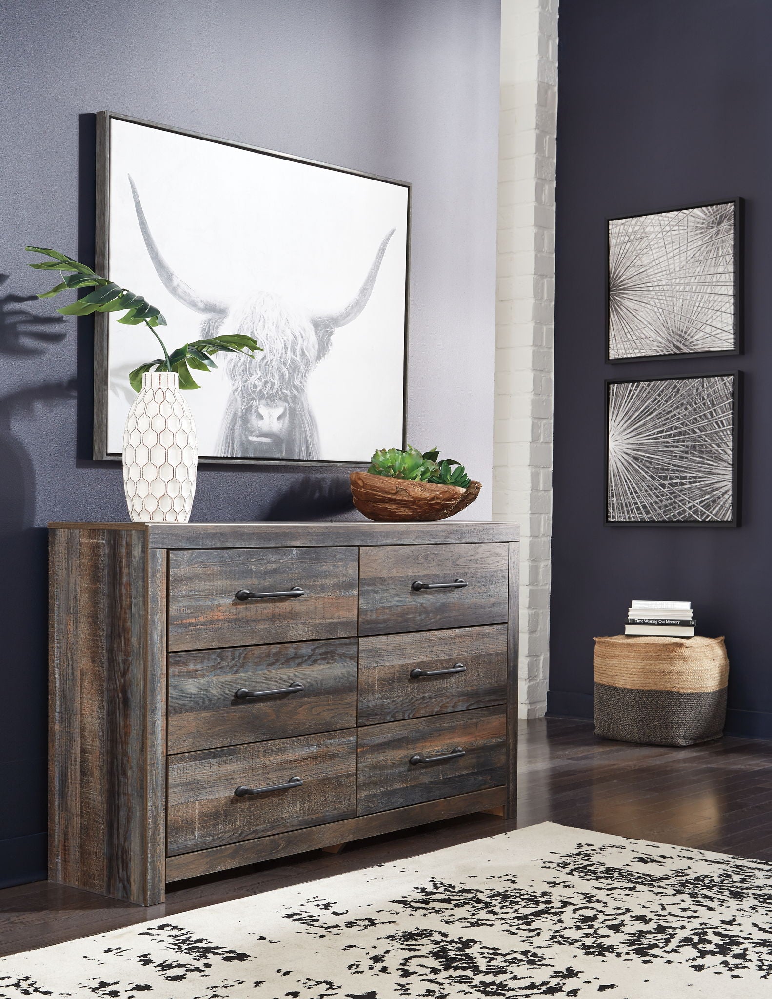 Storage dresser with mirror, dark gray distressed finish, six drawers with metal pulls