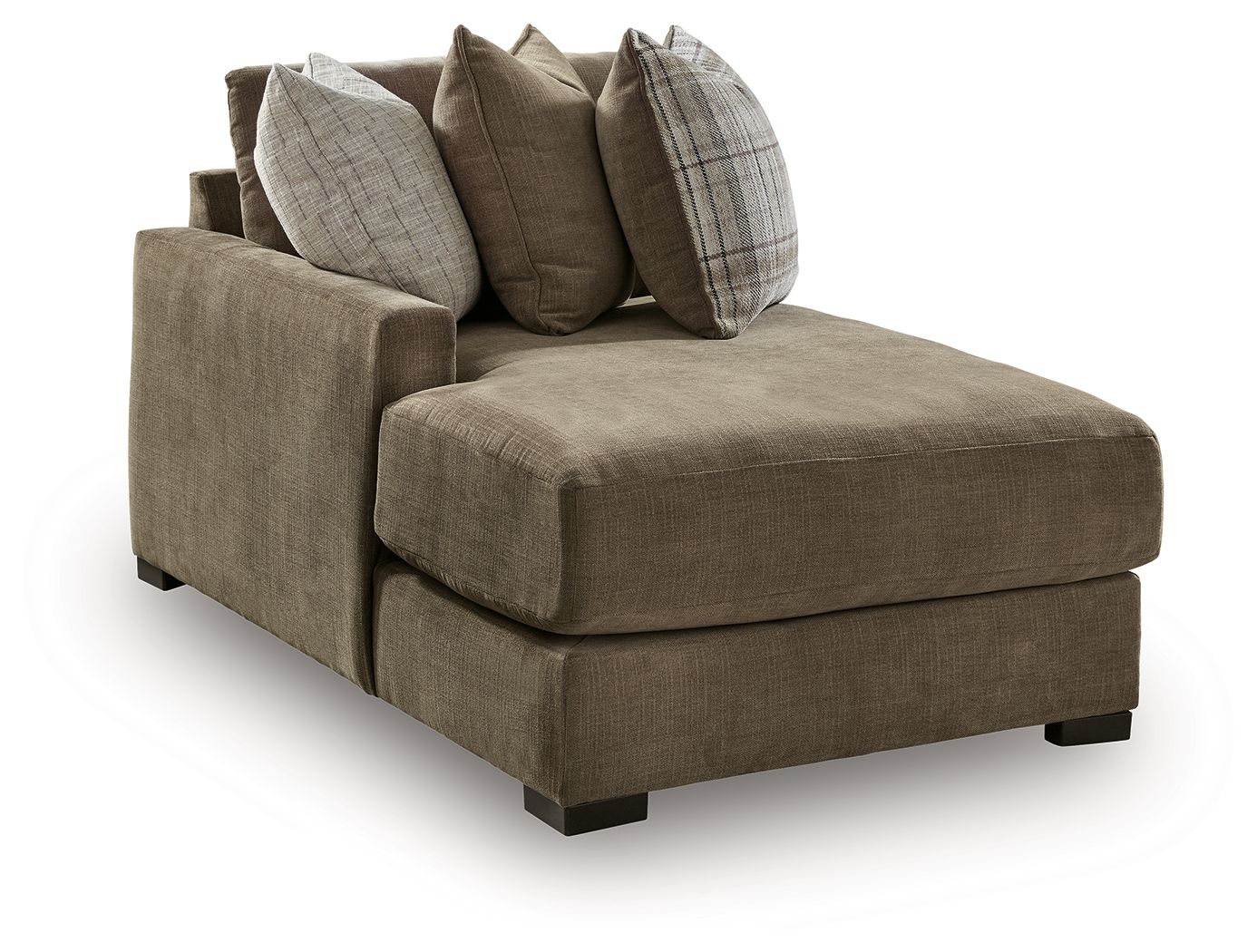 Corner chaise section with medium-brown fabric upholstery, dark legs, and four accent pillows