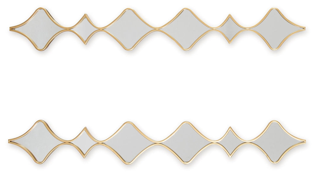 Gold accent mirror pair in horizontal strip with repeating diamond frame shapes