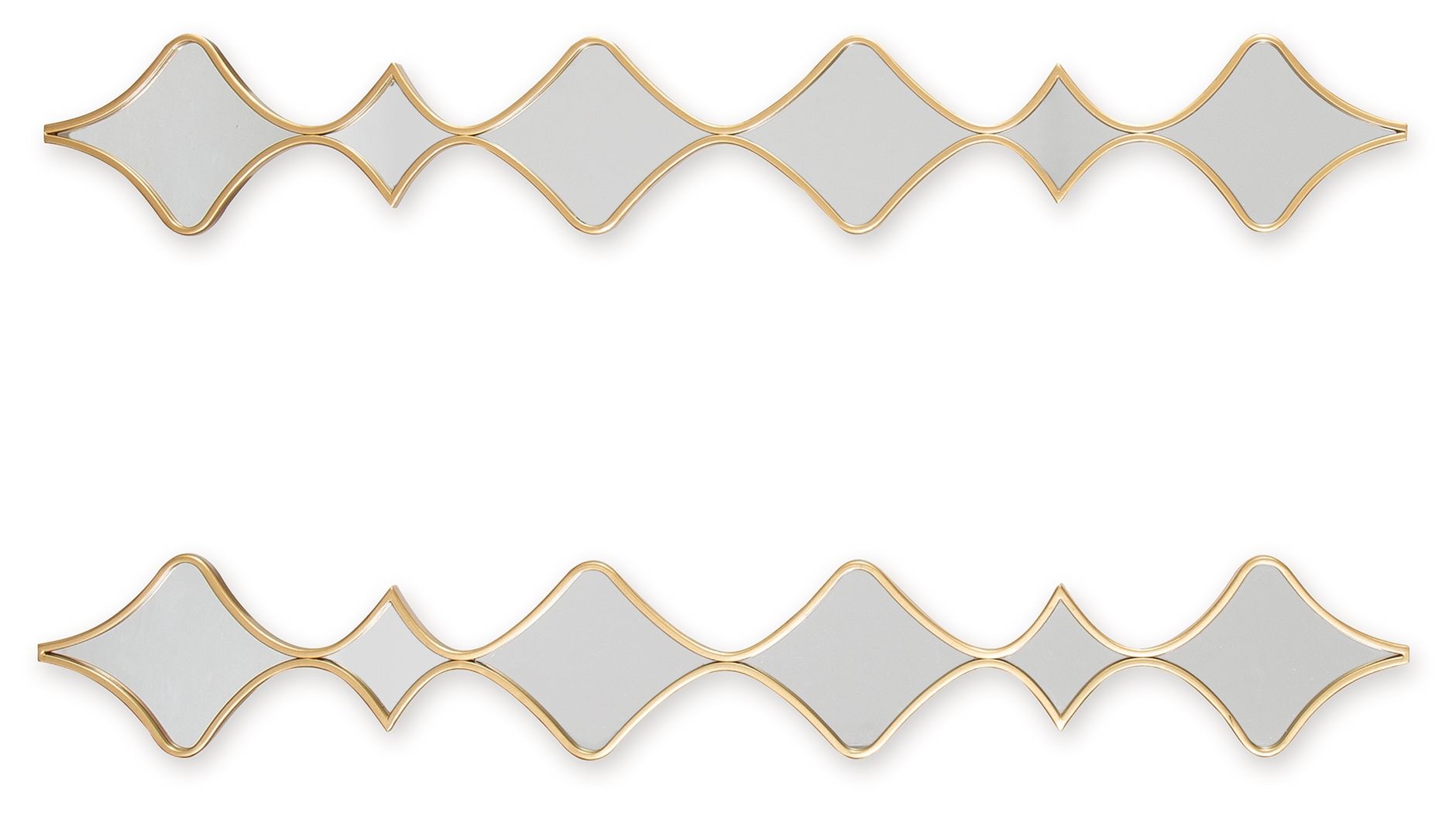 Gold accent mirror pair in horizontal strip with repeating diamond frame shapes
