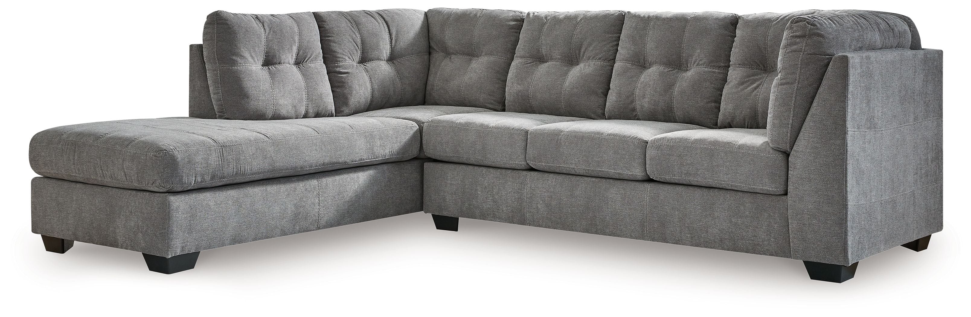 Dark gray L-shaped sectional sleeper sofa with deep tufted cushions and chaise end