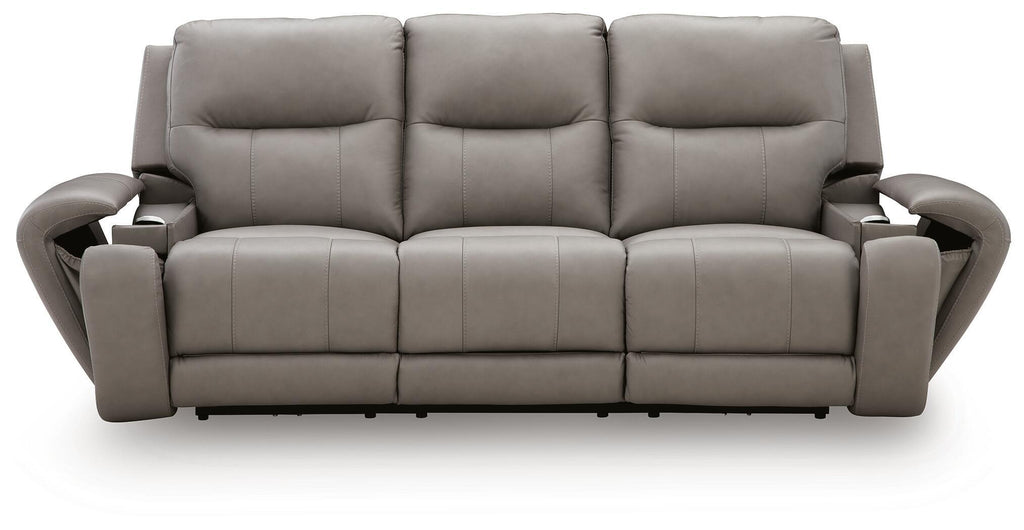 Ash-gray power reclining sofa with audio seating, front view with three seat sections