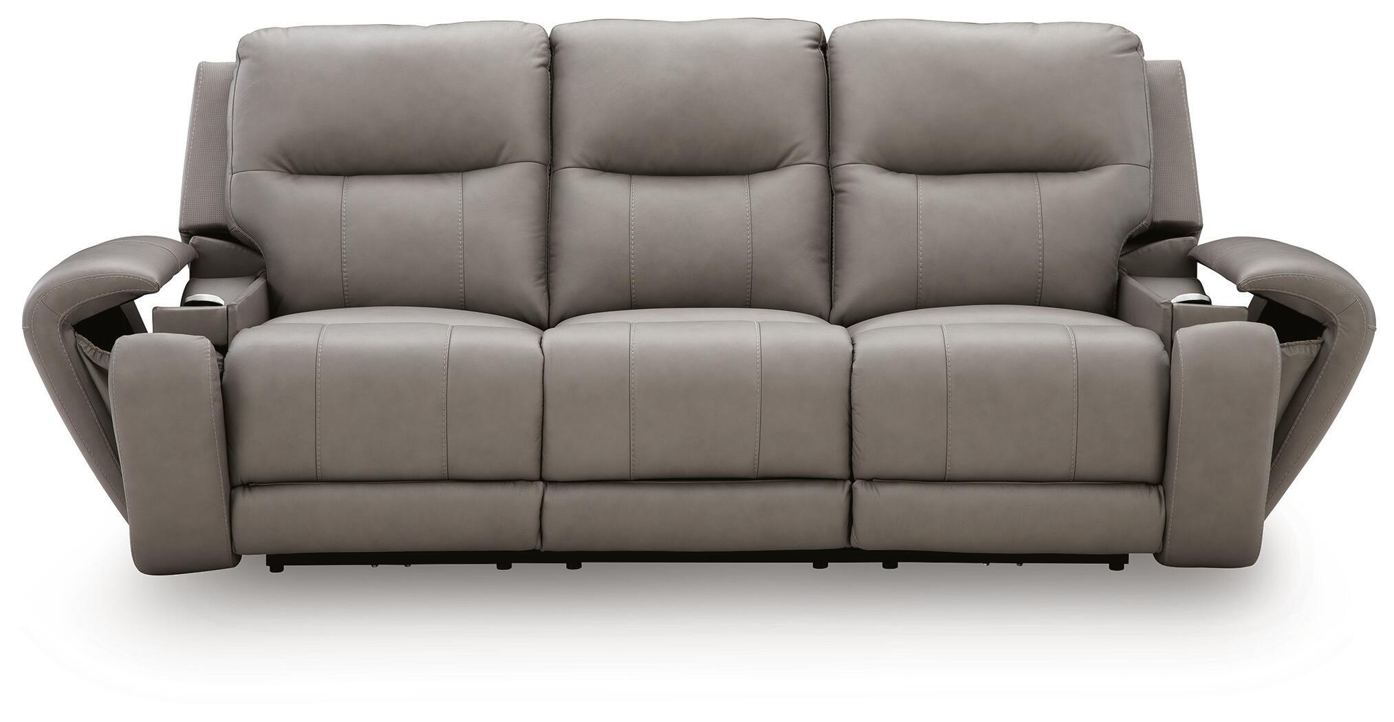 Ash-gray power reclining sofa with audio seating, front view with three seat sections