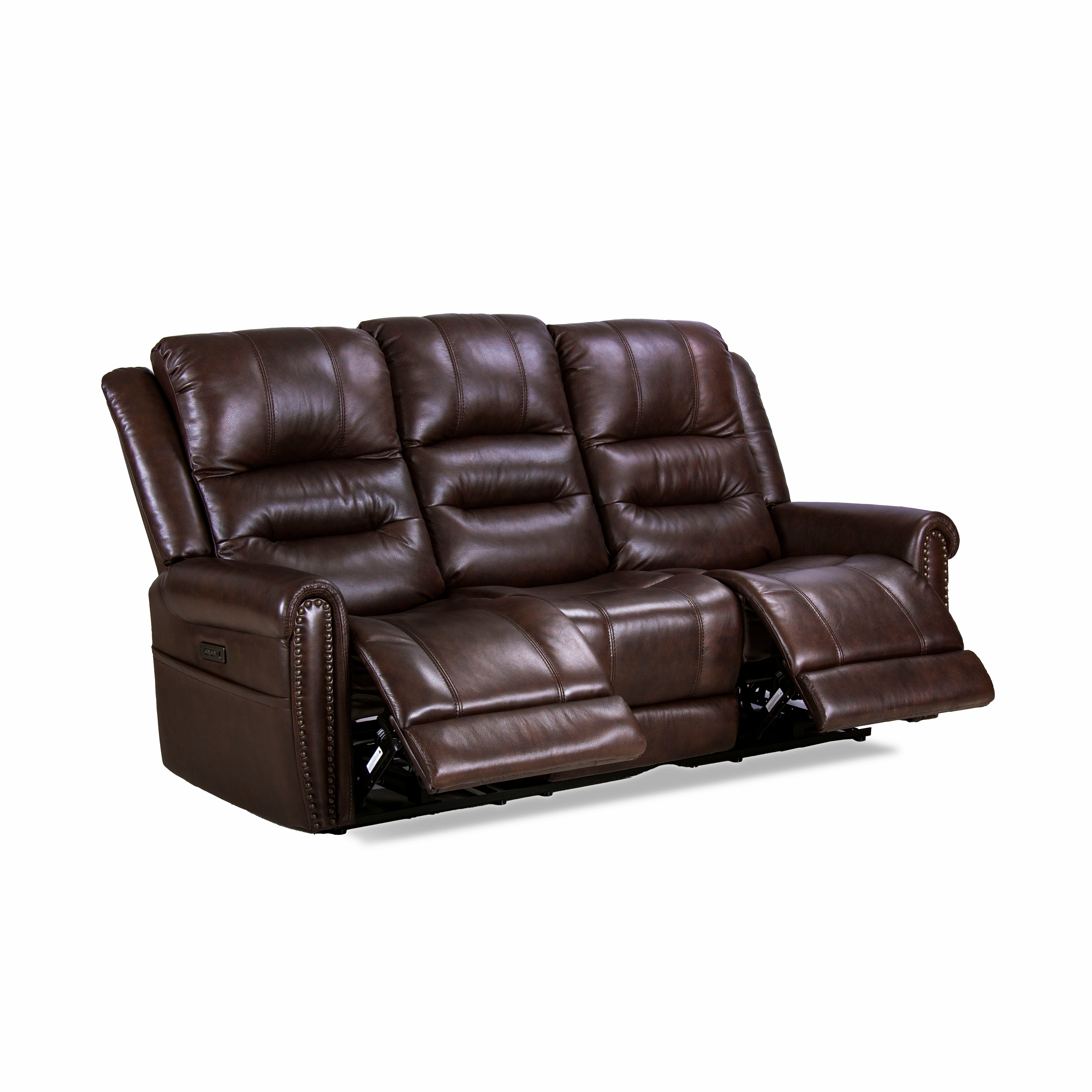 Espoo - Genuine Top Grain Leather Nailhead Dropdown Table And Adjustable Headrest Power Reclining Sofa In Brown
