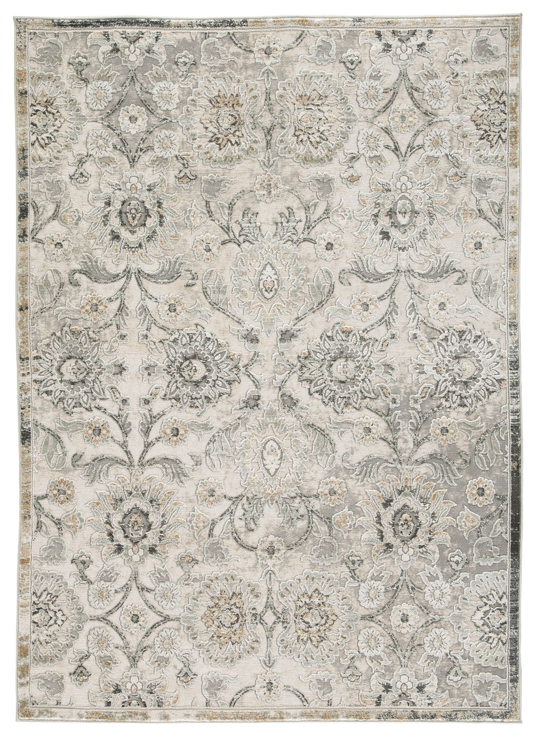 Gray and cream ornate area rug with detailed floral medallion pattern