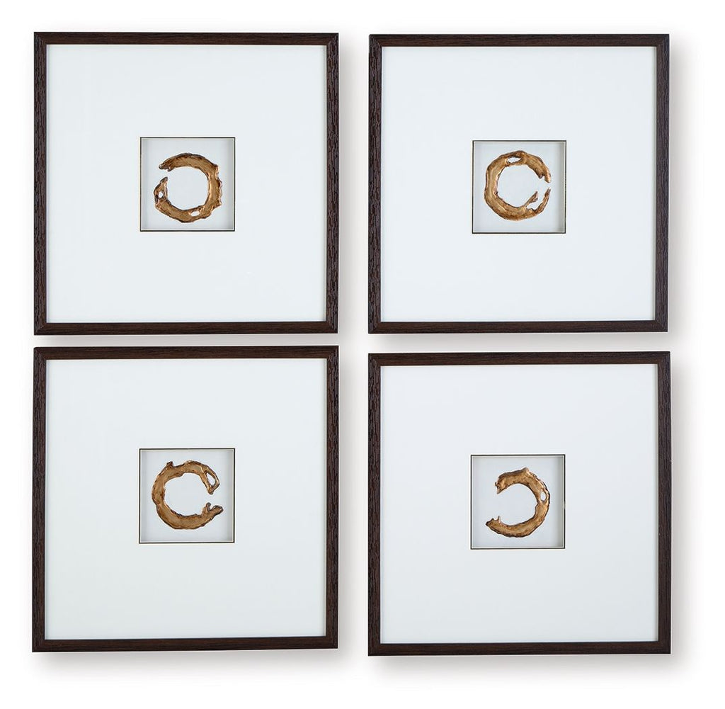 Set of 4 framed wall art prints with white backgrounds and gold abstract C designs