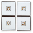 Set of 4 framed wall art prints with white backgrounds and gold abstract C designs