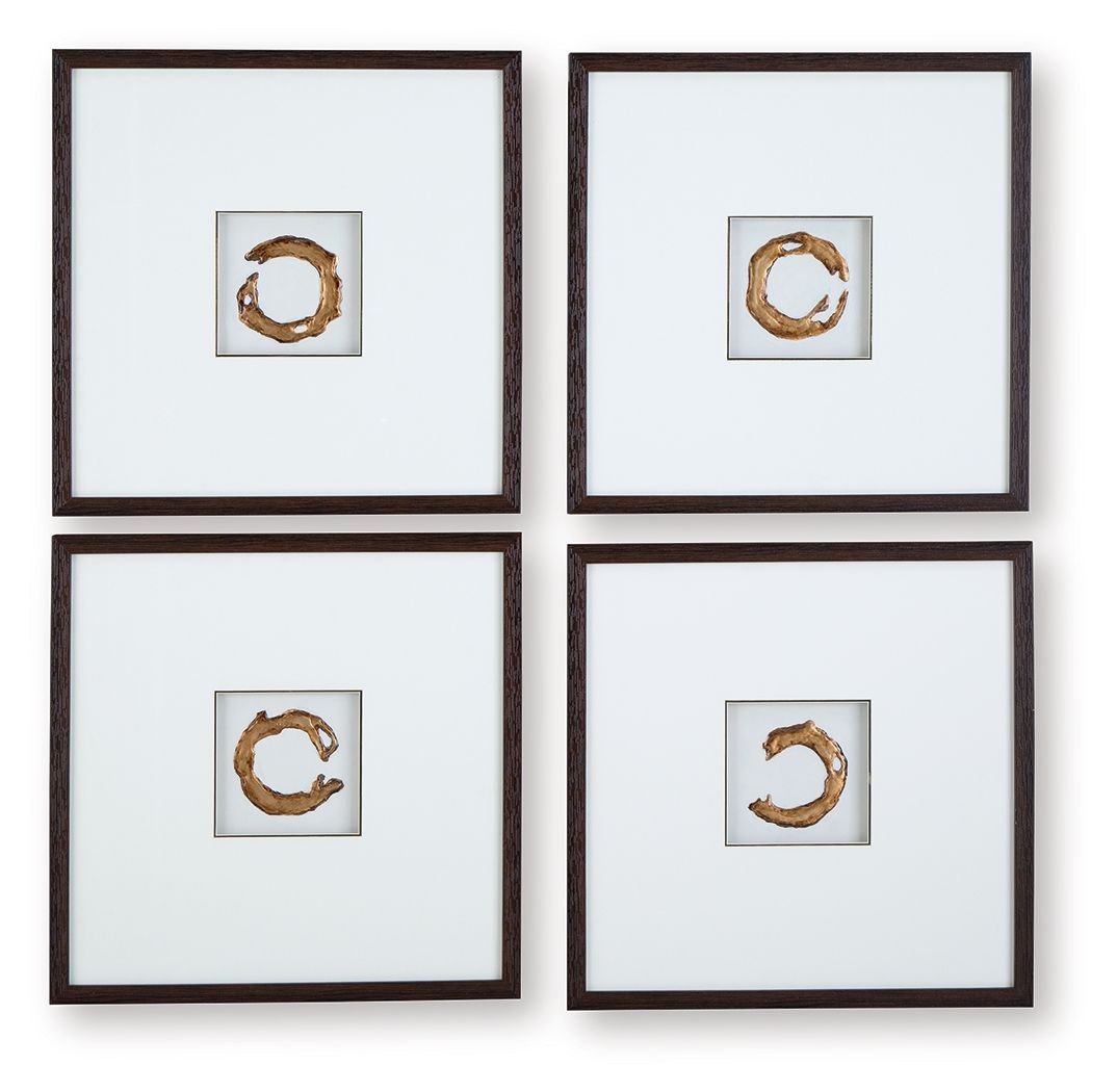 Set of 4 framed wall art prints with white backgrounds and gold abstract C designs