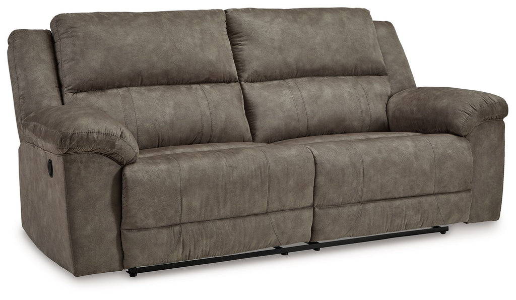 Reclining sofa in dark brown fabric with padded headrests and armrests