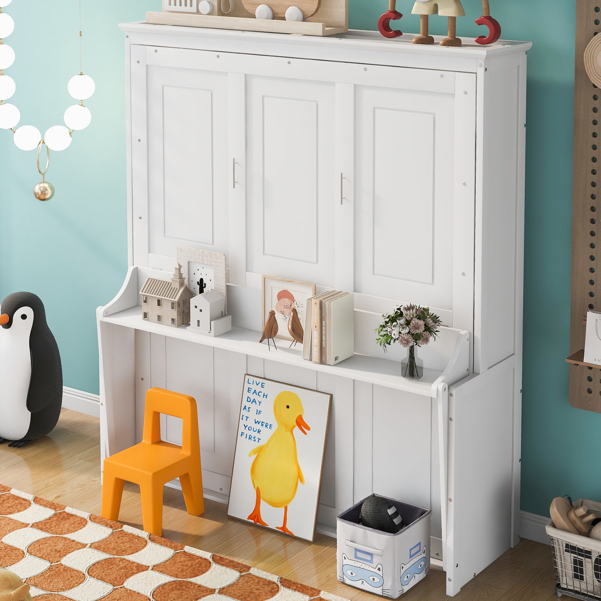 White Queen Murphy Bed with Shelf - Space Saving Wall Bed