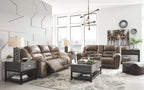 Reclining sofa, loveseat, and recliner set in dark brown with padded armrests
