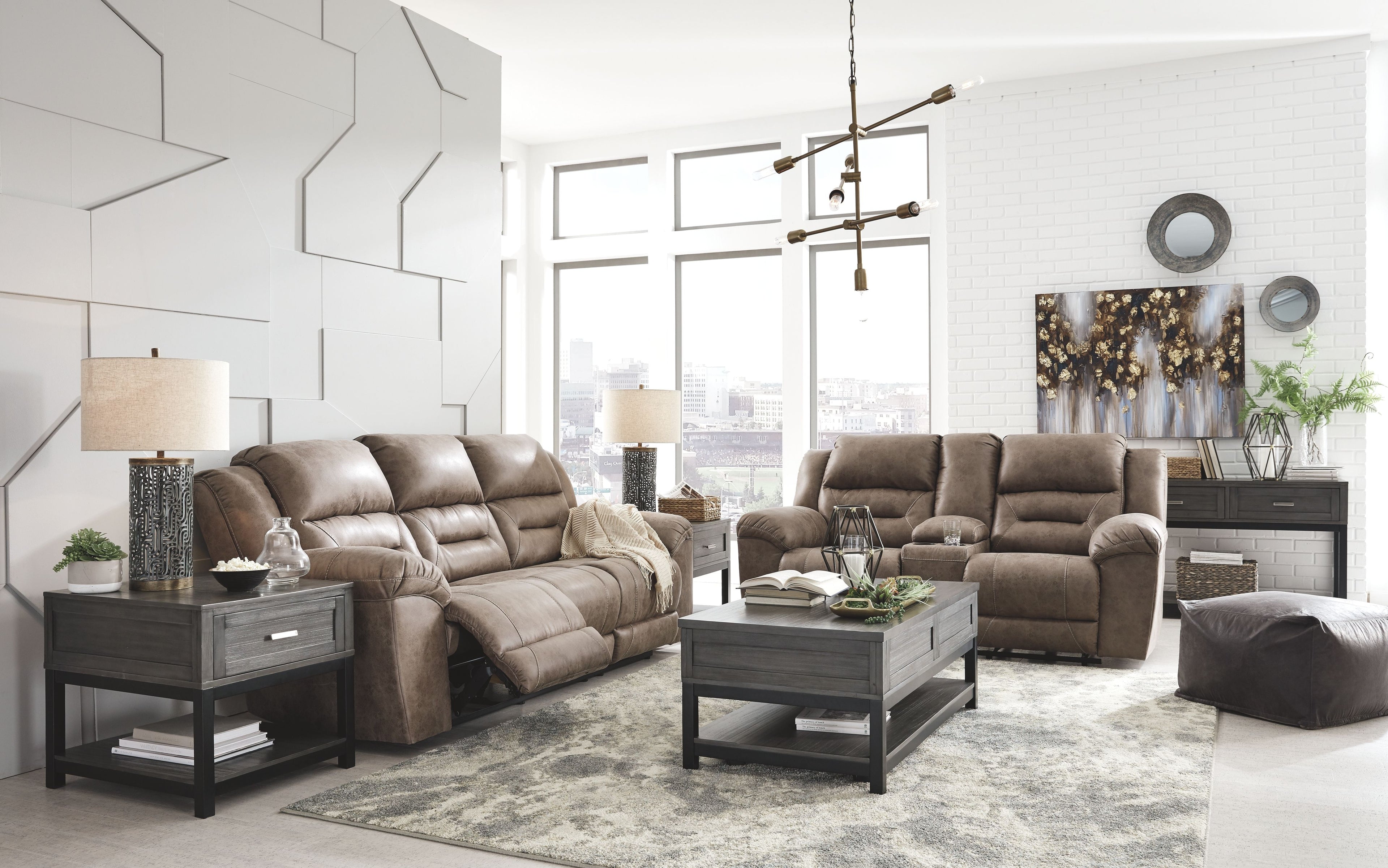 Reclining sofa, loveseat, and recliner set in dark brown with padded armrests