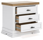 White three-drawer night stand with drawers open, natural wood interior, black handles
