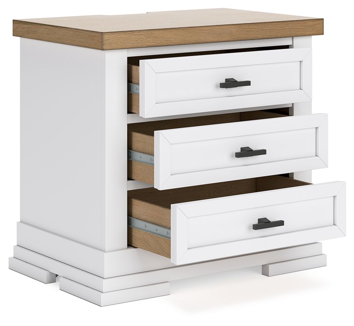 White three-drawer night stand with drawers open, natural wood interior, black handles
