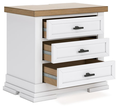 White three-drawer night stand with drawers open, natural wood interior, black handles