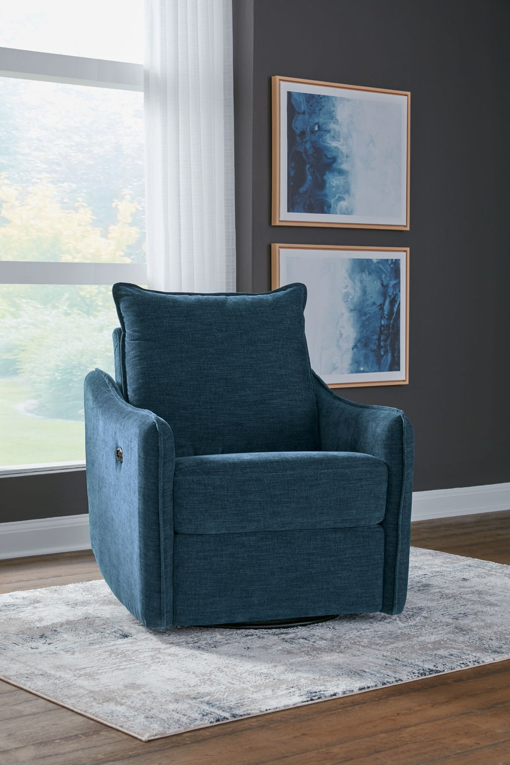 Navy swivel power recliner chair with square arms and wide seat cushion