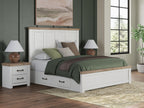 White panel storage bed with two under-bed drawers, wood-trim headboard, and pillows