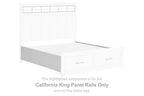 White wood California king panel rails set with slatted design and rectangular trim
