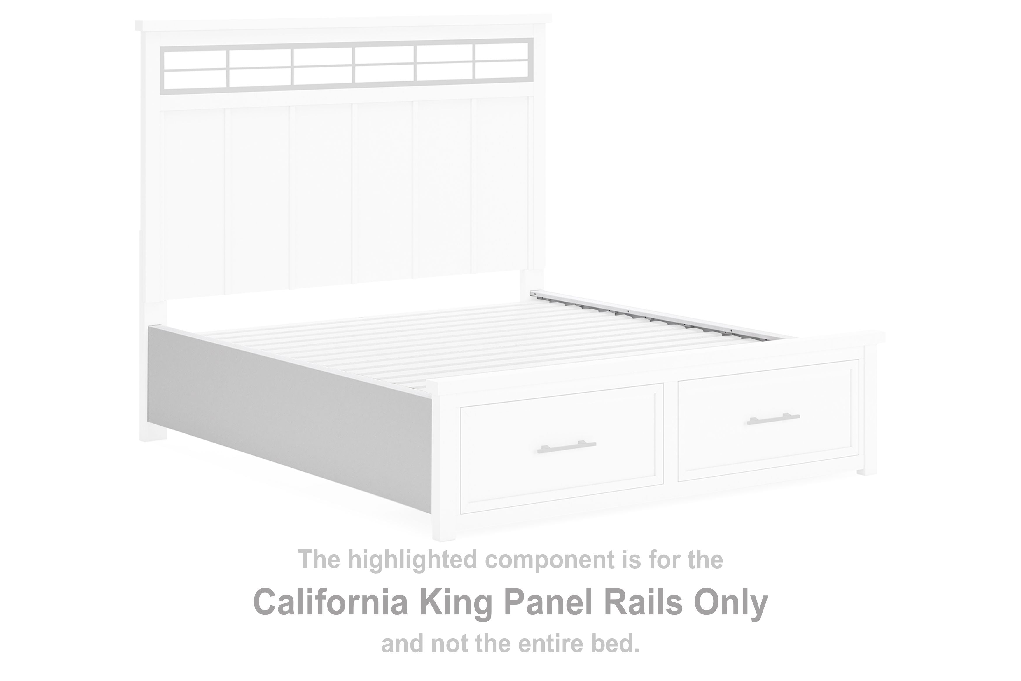 White wood California king panel rails set with slatted design and rectangular trim