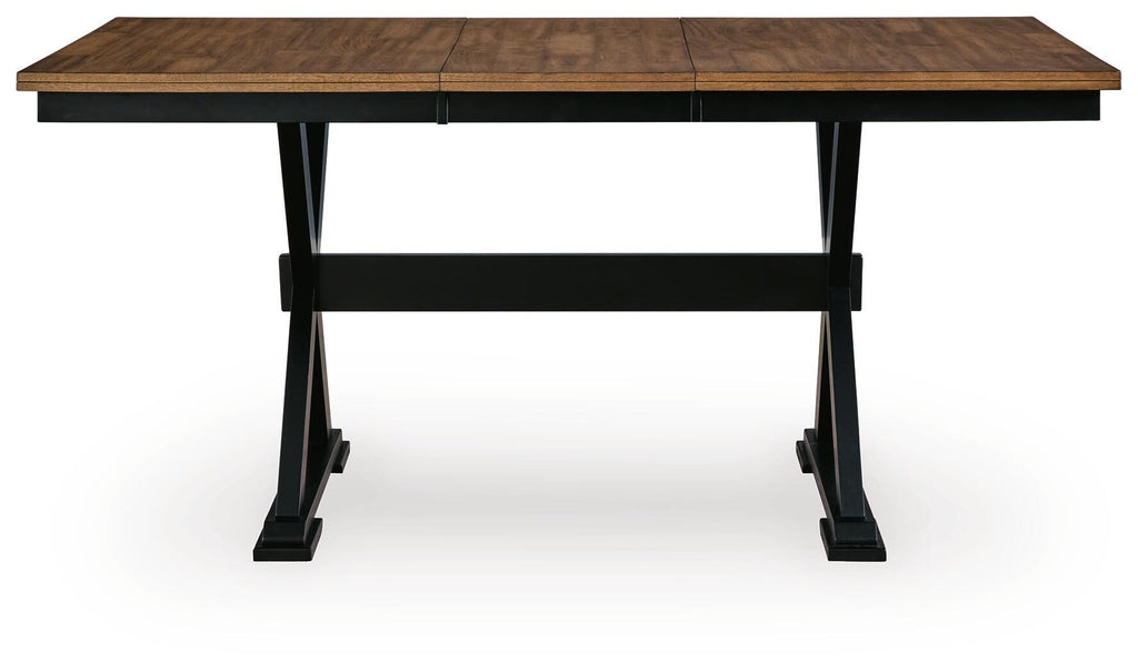 Dark brown dining table with extension leaves, black legs, view from front underside