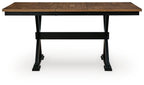 Dark brown dining table with extension leaves, black legs, view from front underside
