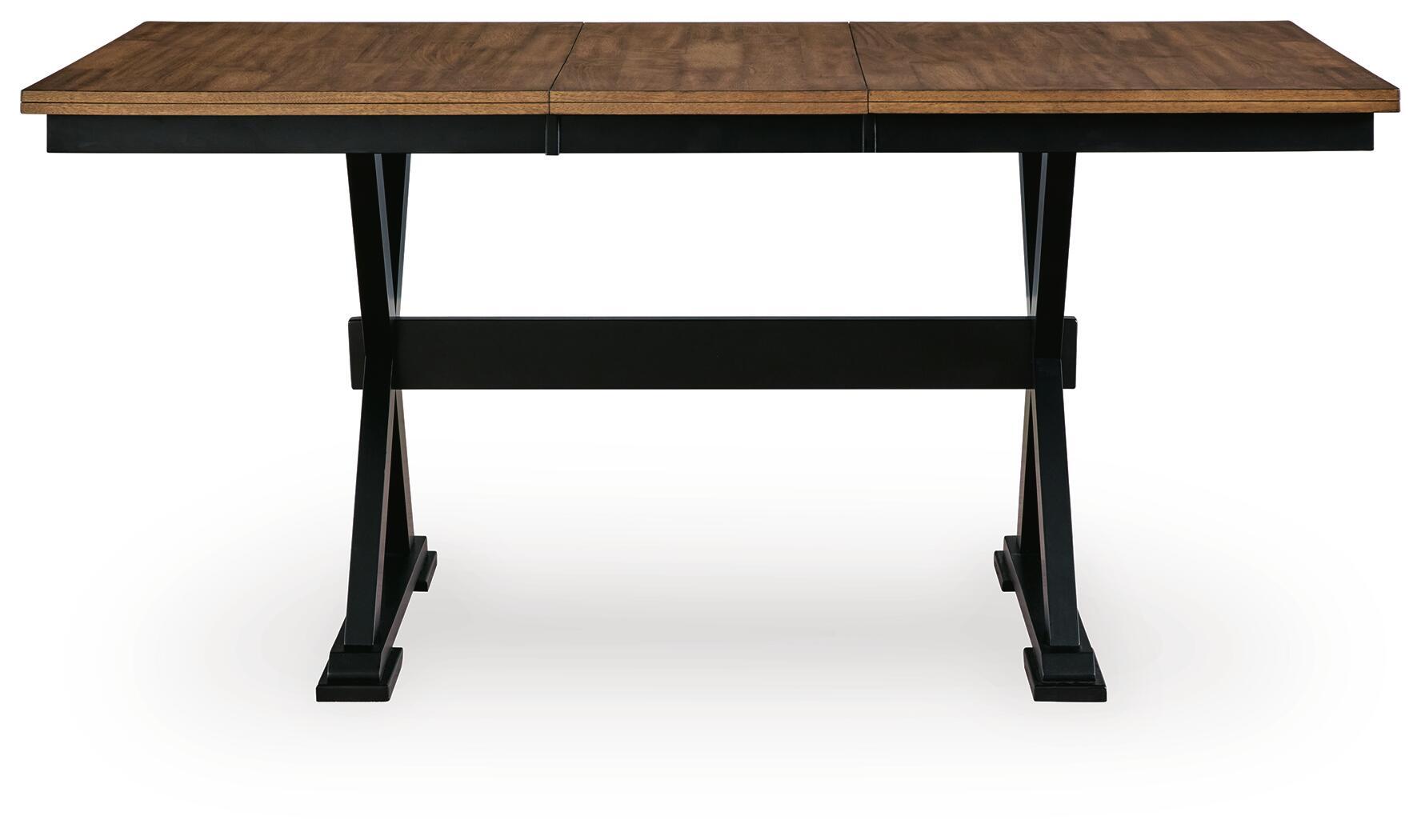 Dark brown dining table with extension leaves, black legs, view from front underside