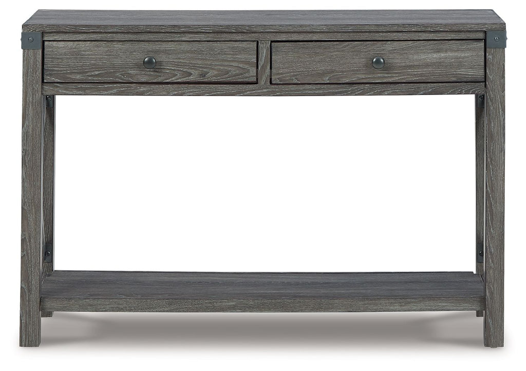 Grayish brown console sofa table with two drawers and open center, X-brace sides