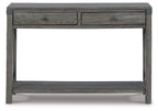 Grayish brown console sofa table with two drawers and open center, X-brace sides