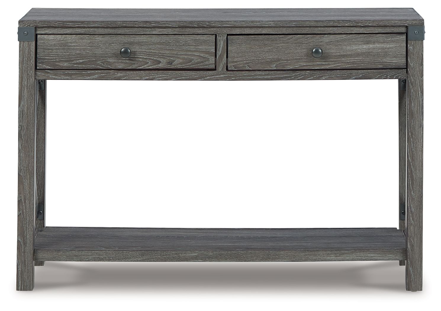 Grayish brown console sofa table with two drawers and open center, X-brace sides